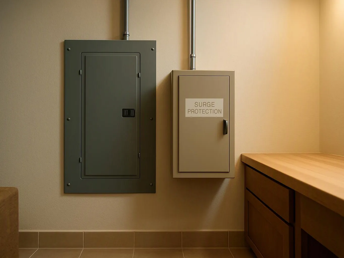 Two wall-mounted electrical panels sit beside a wooden countertop in a beige room