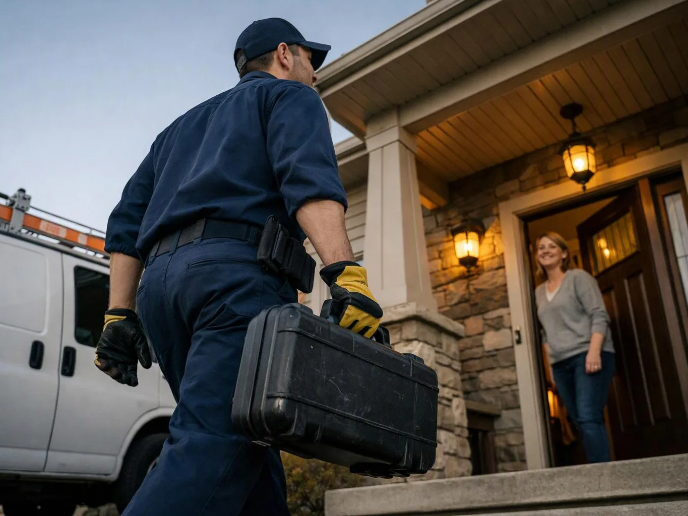 A uniformed repair worker carries a toolbox toward a smiling woman standing in her doorway