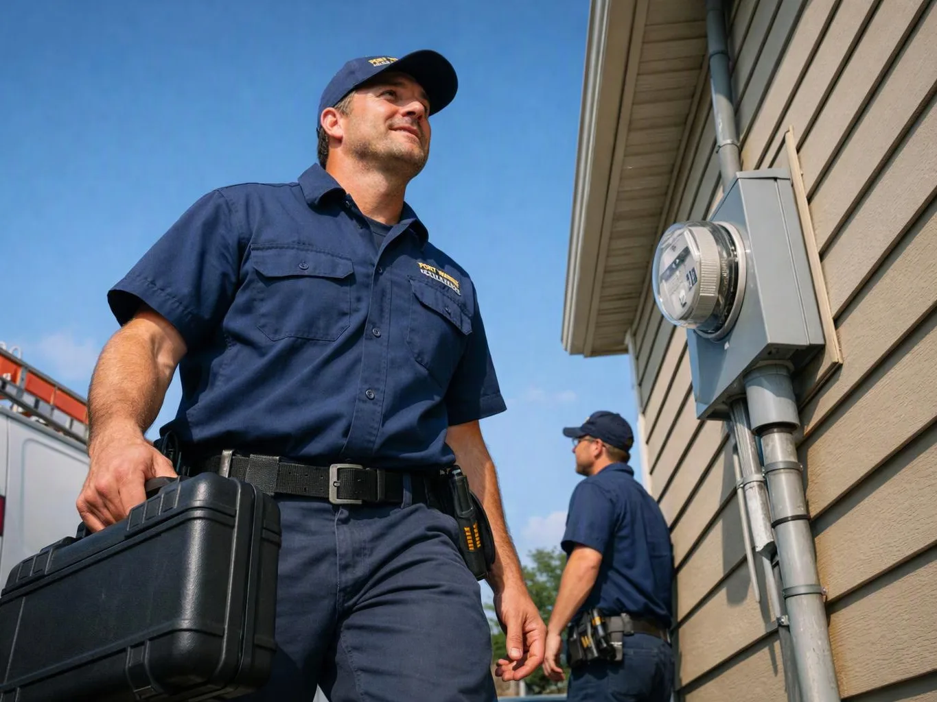 A uniformed worker carries a black case beside a house, with another worker and an electric meter nearby