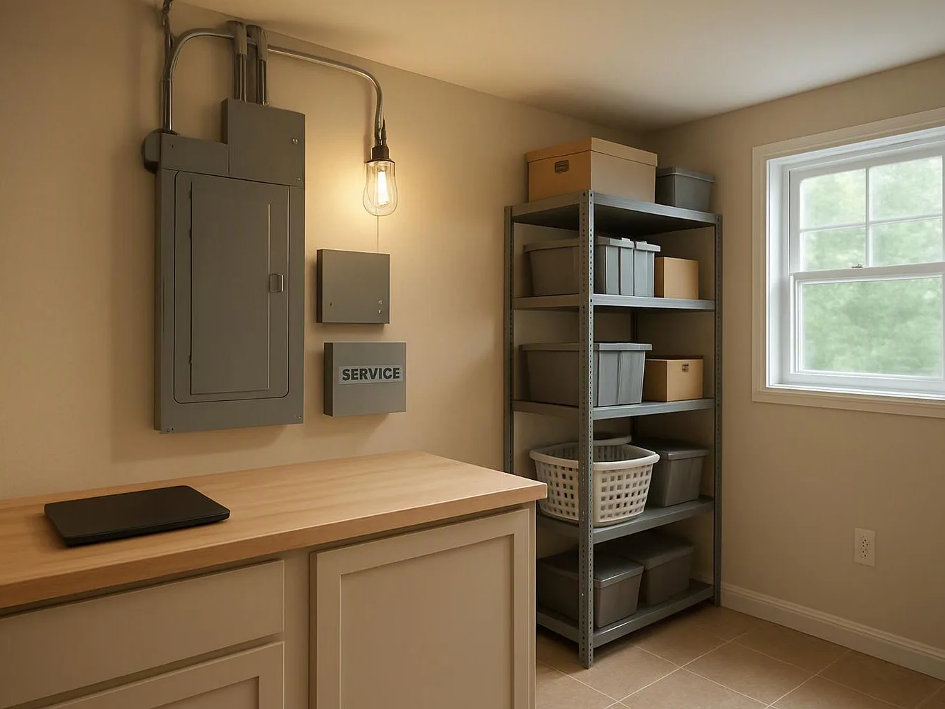 A utility room shows electrical panels, metal shelving with storage bins, a lit bulb, and a workbench by a window
