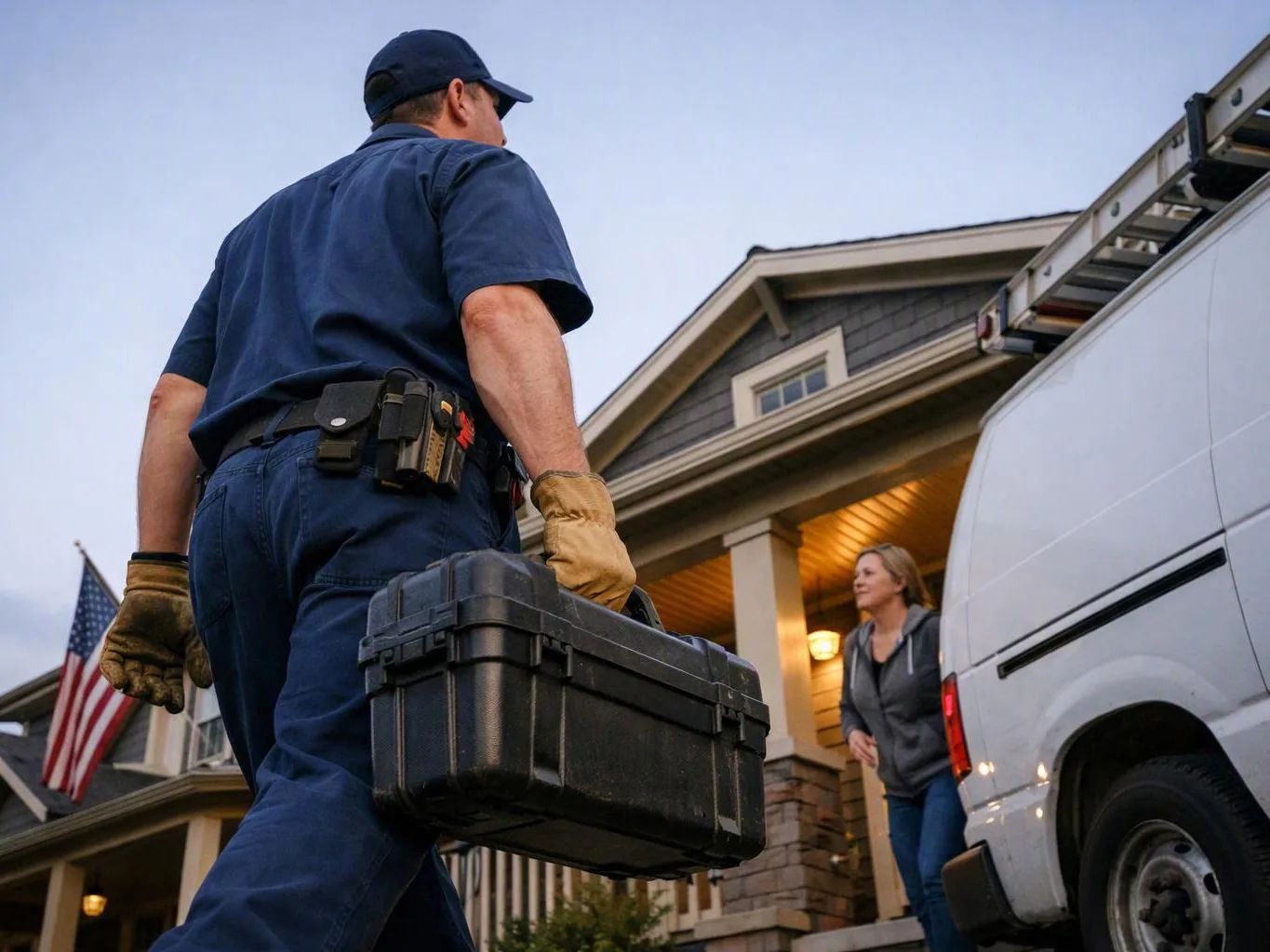 A utility worker carries a black toolbox toward a house while a woman stands on the porch near a white van
