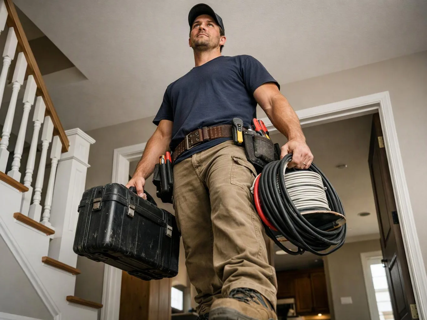 A utility worker stands indoors holding a toolbox and coiled cables near a staircase and doorway