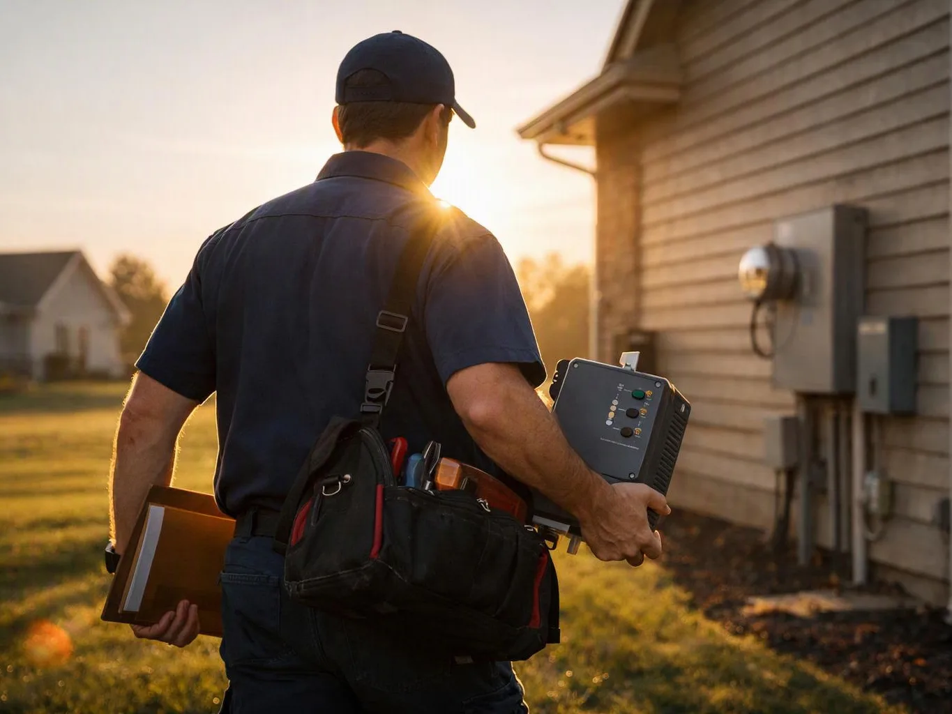 A utility worker walks beside a house at sunset, carrying tools and an electrical device
