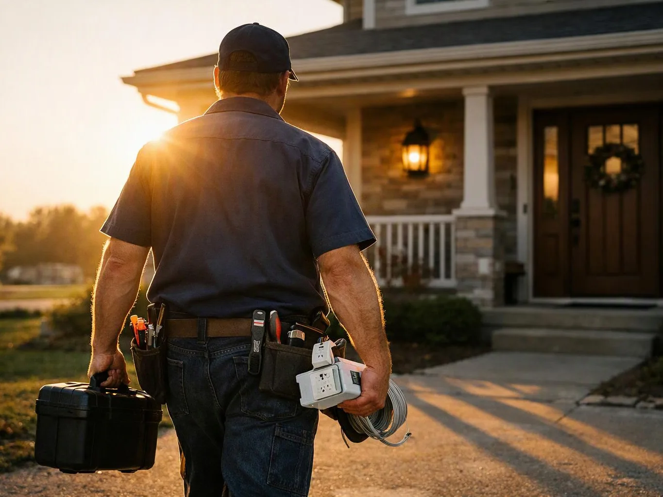 A utility worker walks toward a house at sunset, carrying a toolbox, tools, and a coiled cable