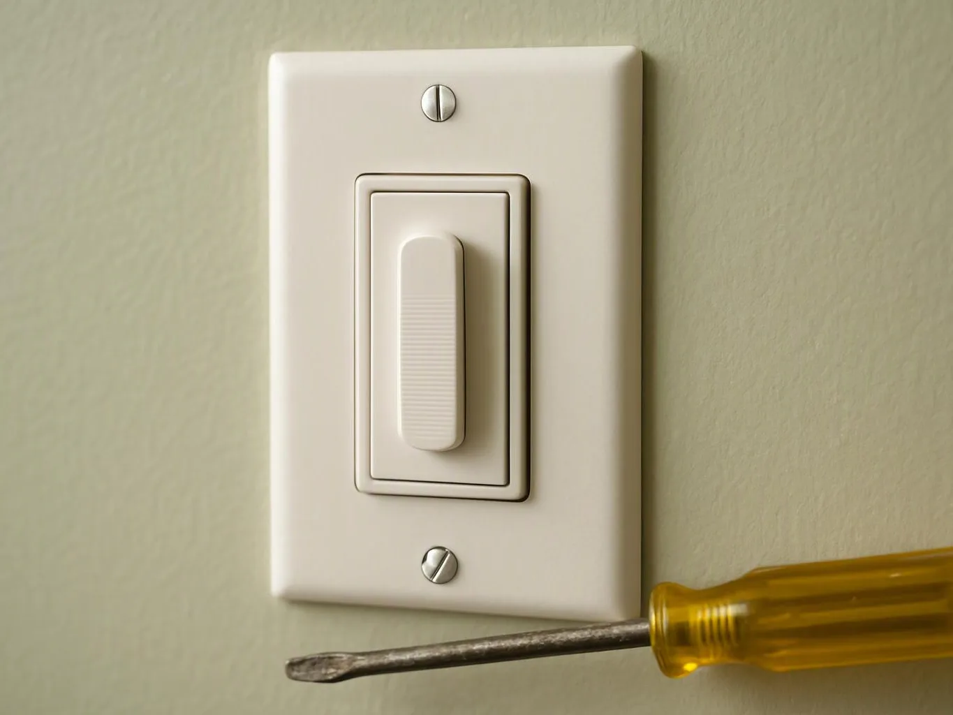 A wall dimmer switch is mounted on a pale wall beside a screwdriver tip at the bottom right