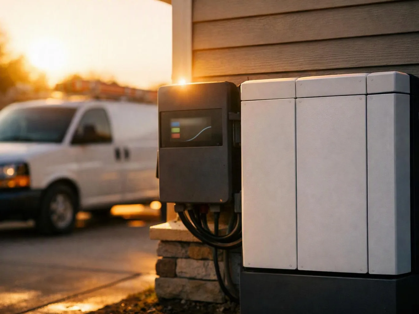 A wall-mounted electrical box stands beside a white van parked in warm sunset light