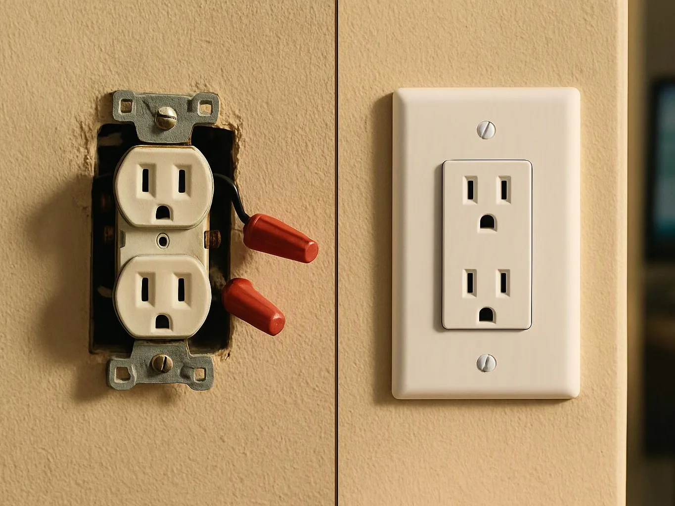 A wall outlet is shown half installed on the left and finished with a cover on the right