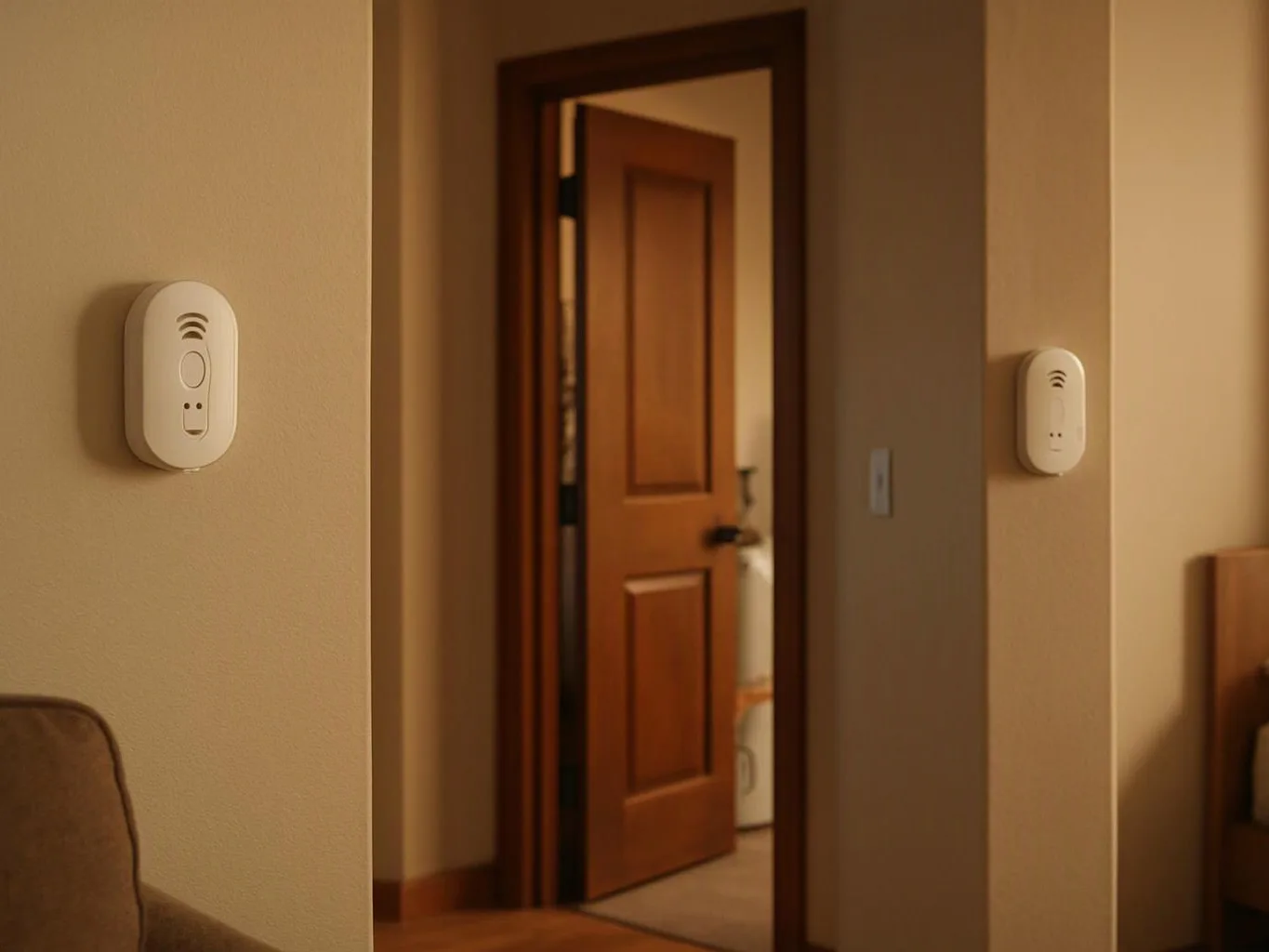 A warm bedroom hallway shows two wall-mounted sensors beside an open wooden door