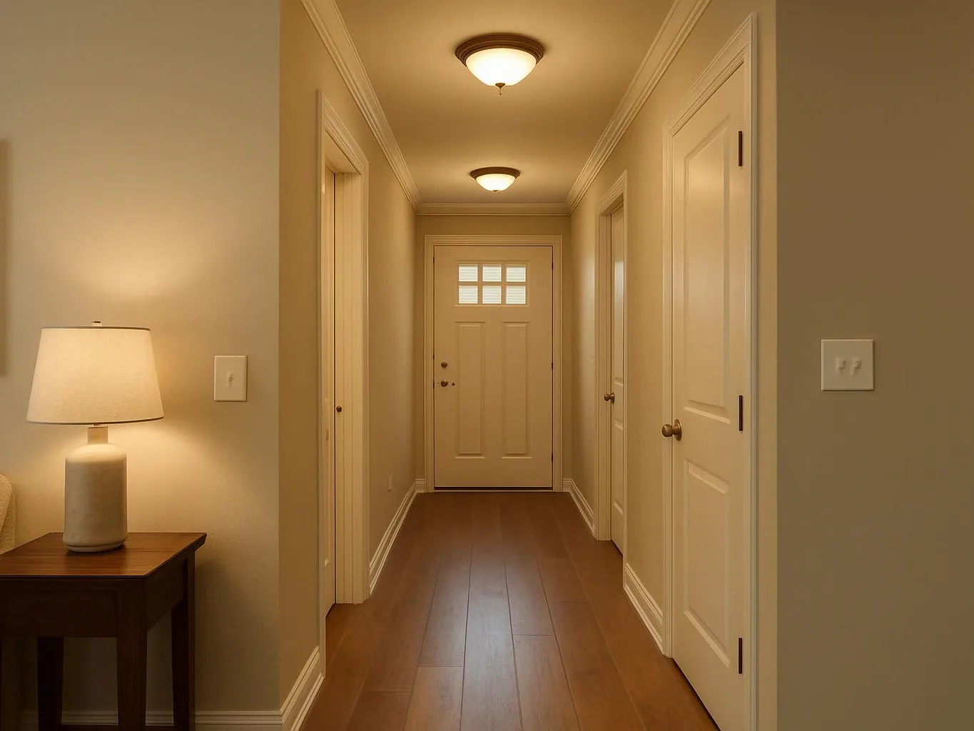 A warmly lit hallway with white doors, wood flooring, and a lamp on a small table at left