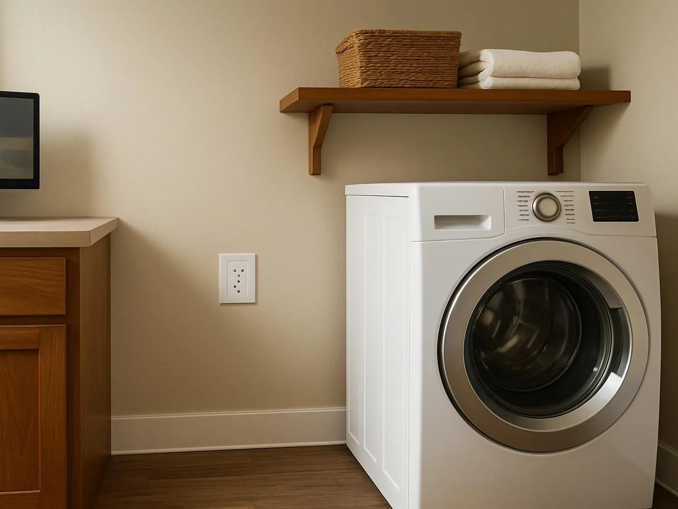 A white front-loading washing machine sits beside a wooden shelf with folded towels and a basket in a laundry room