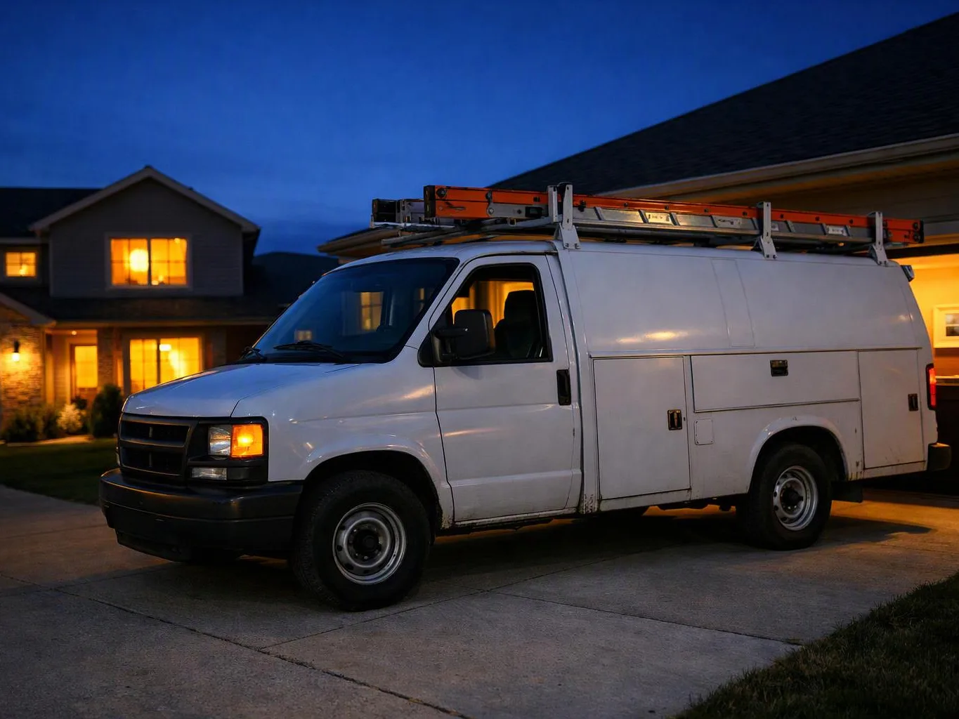 A white utility van with a ladder on top sits in a driveway at dusk beside a lit house