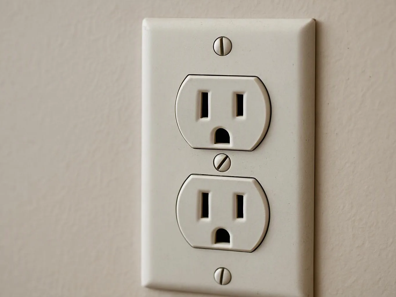 A white wall outlet plate with two three-prong sockets sits on a beige wall