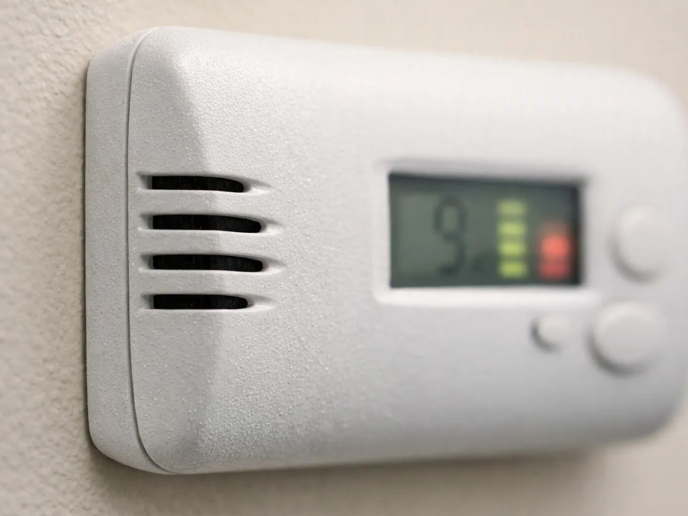 A white wall thermostat with a small digital display and vent slots is mounted on a beige wall