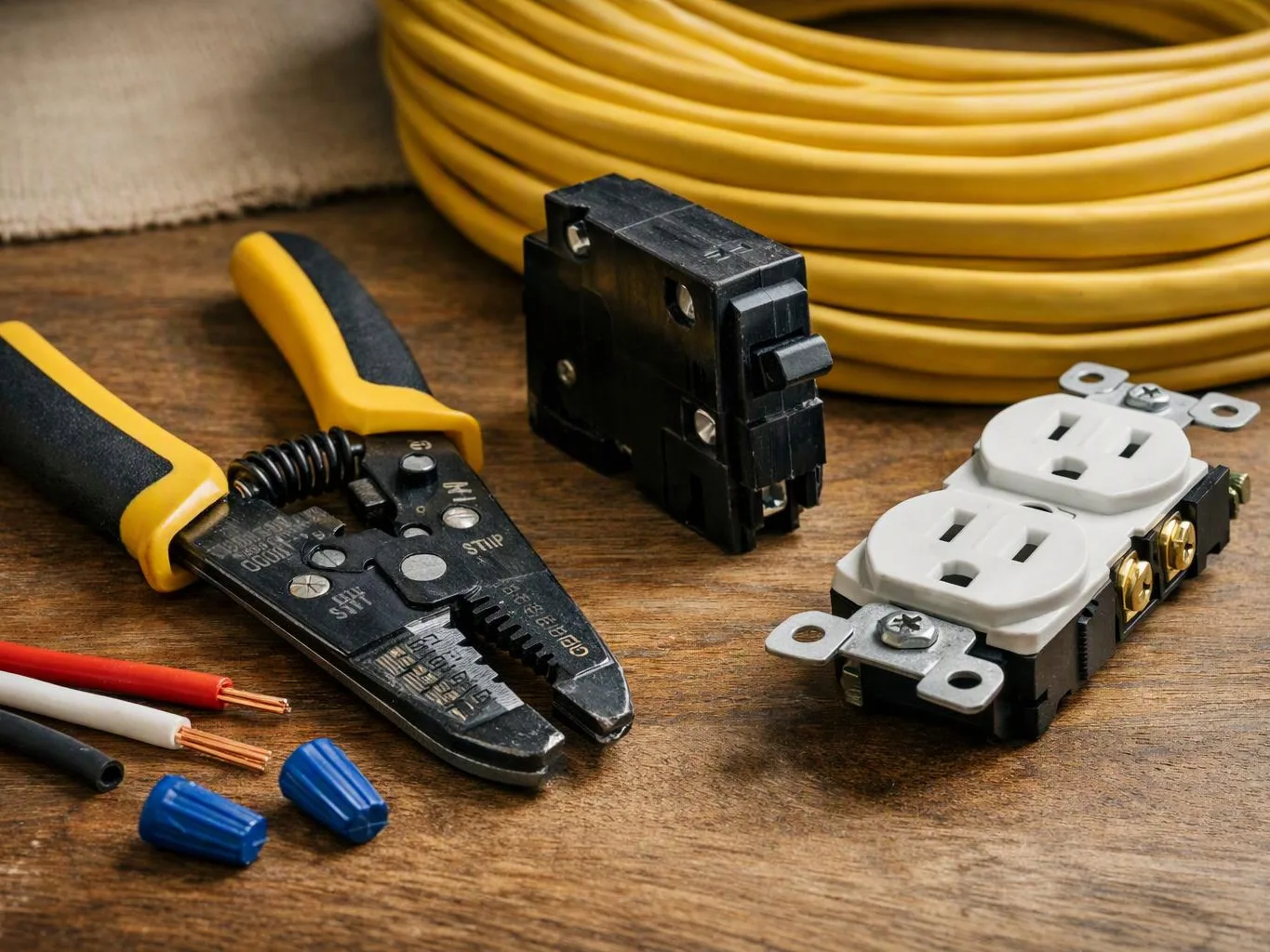 Wire strippers, a duplex outlet, loose wires, and a coiled yellow cable rest on a wooden workbench
