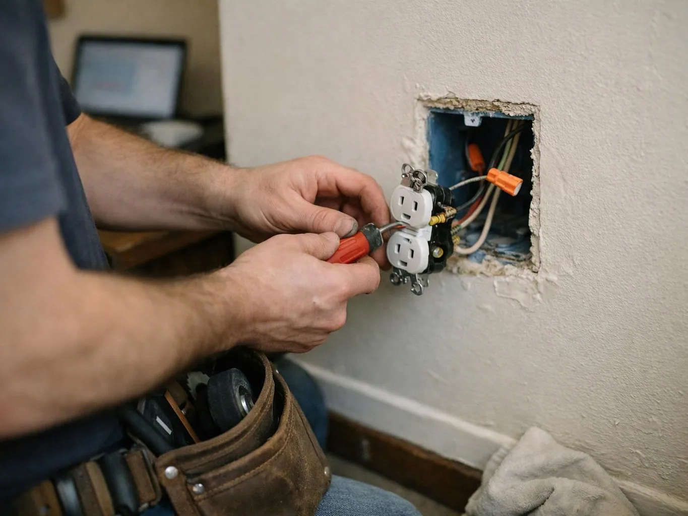 A worker installs an electrical outlet in a wall opening with a red screwdriver