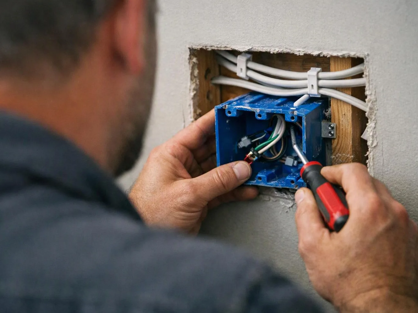 A worker installs wires into a blue wall electrical box with a screwdriver