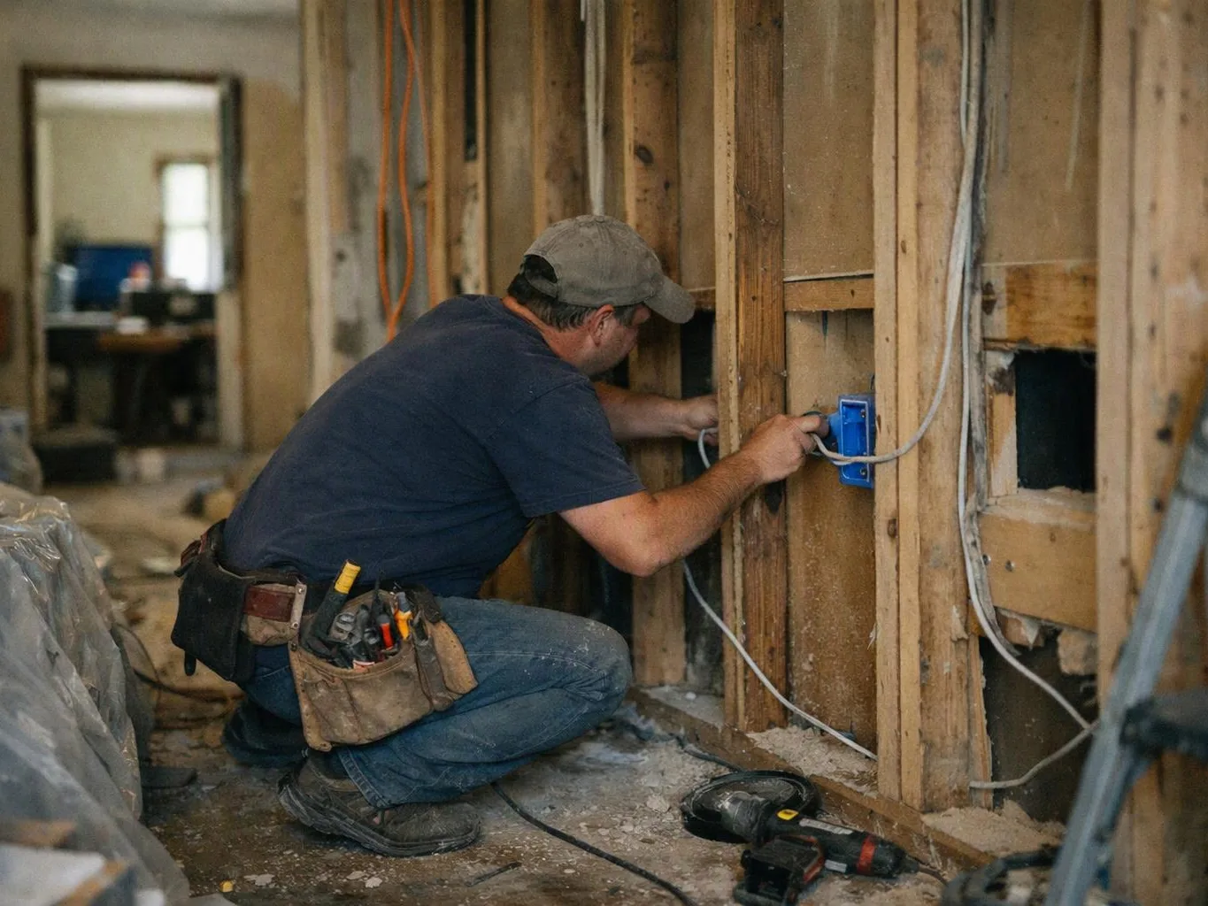 A worker kneels in a stripped wall cavity, wiring a blue electrical box in a renovation site