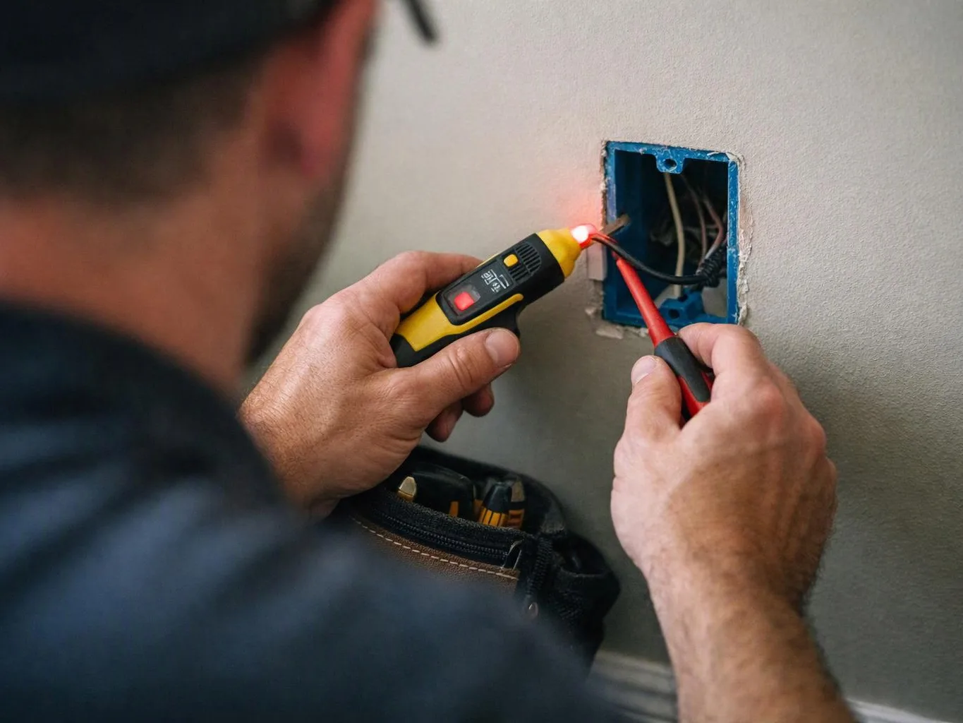 A worker tests wall wiring with a glowing voltage detector and a probe in an open blue electrical box