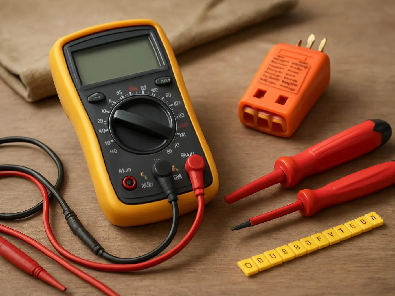 A yellow multimeter with red and black test leads sits beside two red probes and an orange adapter on a brown surface